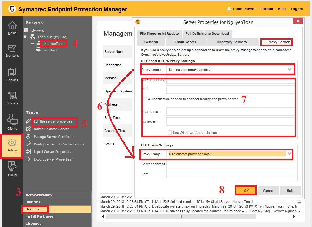Cấu hình Symantec Endpoint Protection Manager kết nối đến proxy server 