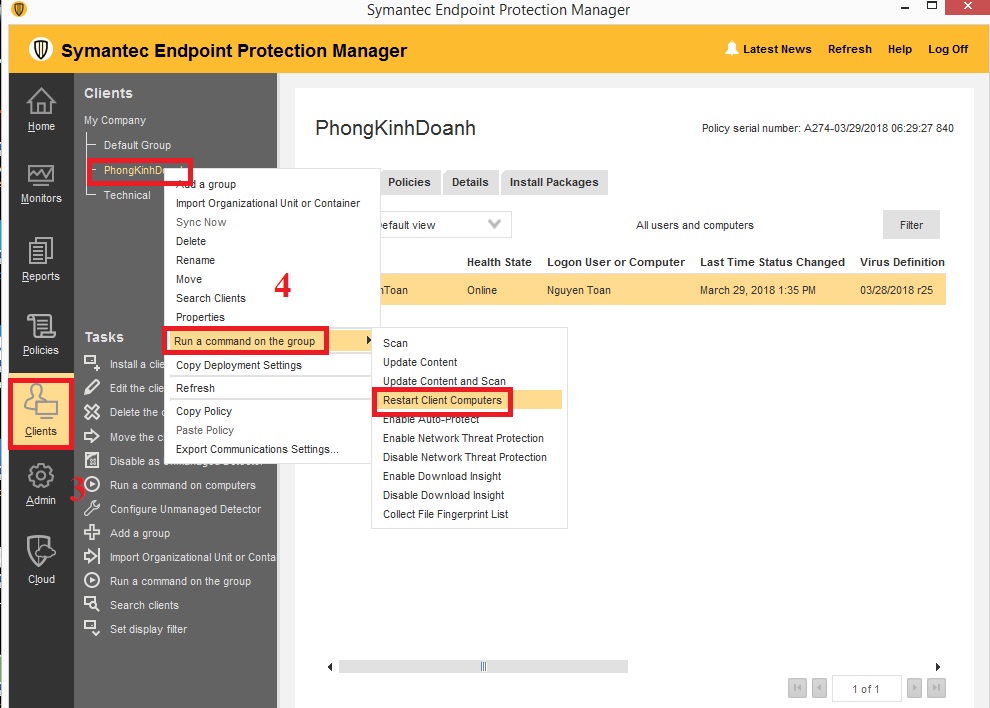 Hướng dẫn restart client bằng Symantec Endpoint Protection Manager