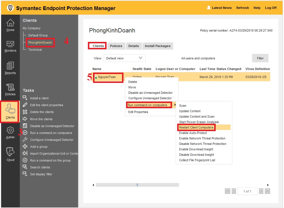 Hướng dẫn restart client bằng Symantec Endpoint Protection Manager
