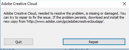 Khắc phục lỗi Adobe Creative Cloud needed to resolve this problem is missing or damaged